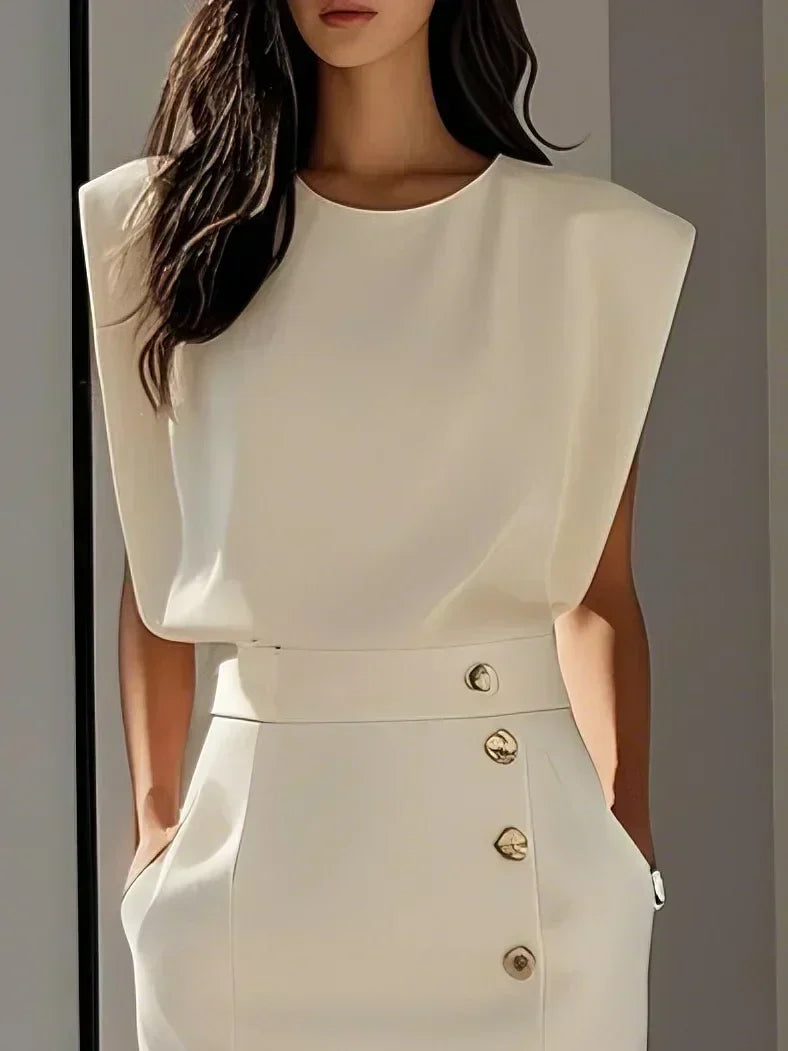 Amelia Marlene™ | Solid Midi Dress with Button Slit and Round Neckline