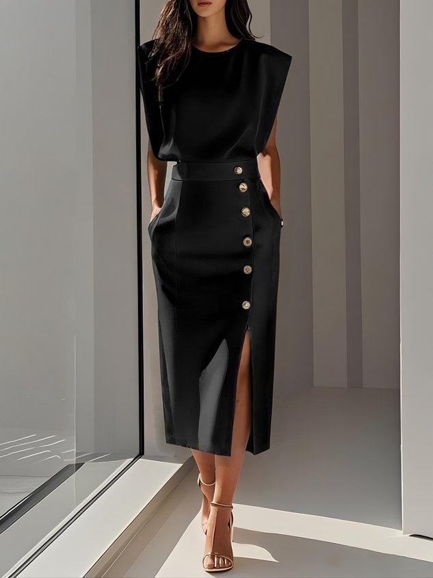 Amelia Marlene™ | Solid Midi Dress with Button Slit and Round Neckline