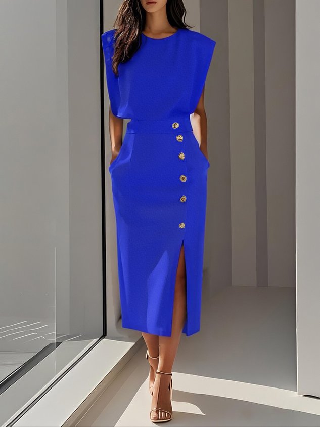 Amelia Marlene™ | Solid Midi Dress with Button Slit and Round Neckline