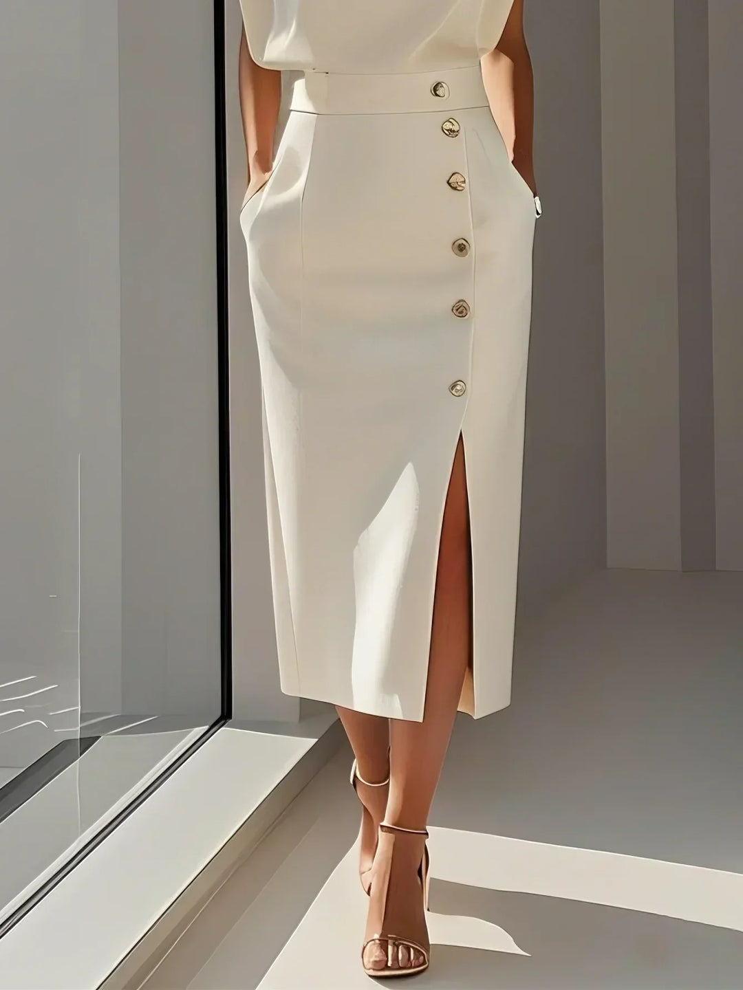 Amelia Marlene™ | Solid Midi Dress with Button Slit and Round Neckline