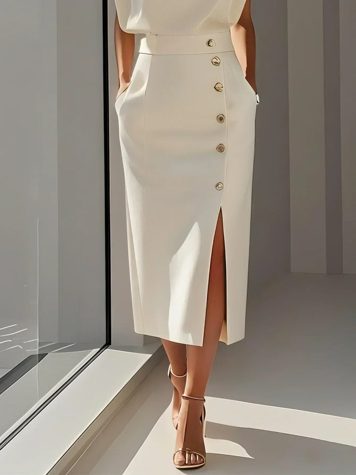 Amelia Marlene™ | Solid Midi Dress with Button Slit and Round Neckline